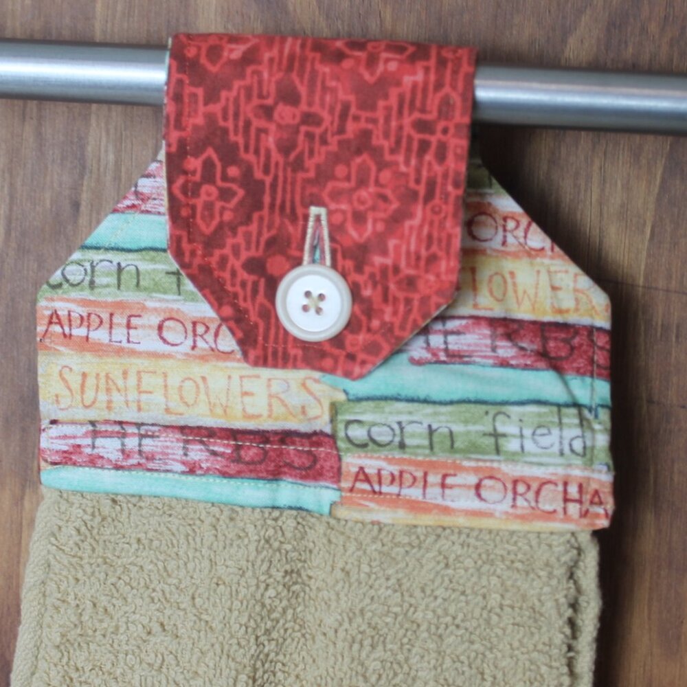 AUTUMN HAND TOWEL TAN, ORANGE & GREEN HANDMADE HANGING KITCHEN APPLE SUNFLOWER